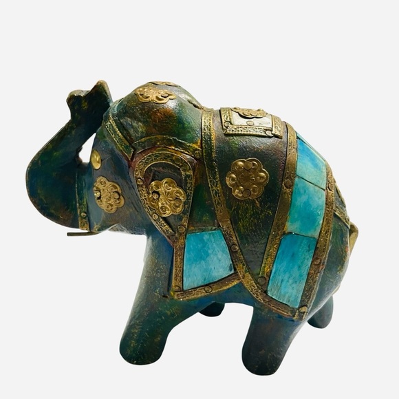 Carved Wood Indian Elephant Copper Brass and Bovine Bone Inlay Embellishments - Picture 4 of 13